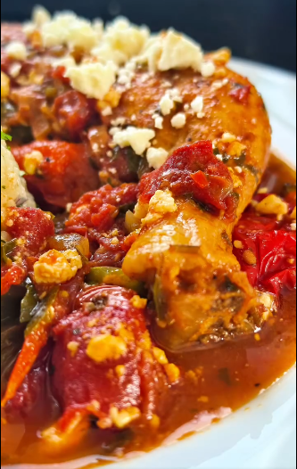 Spicy chicken saganaki in tomato sauce